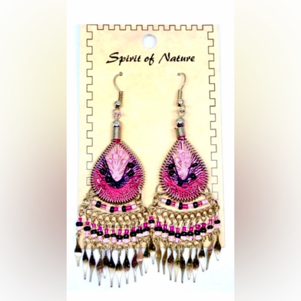Spirit of Nature Fuchsia Pink Black Woven Bead Fringe Teardrop Bohemian Earrings